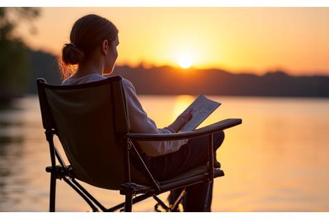 Ergonomic folding director's chair with a side table, showing a person comfortably seated reading a book by a lake at sunset.