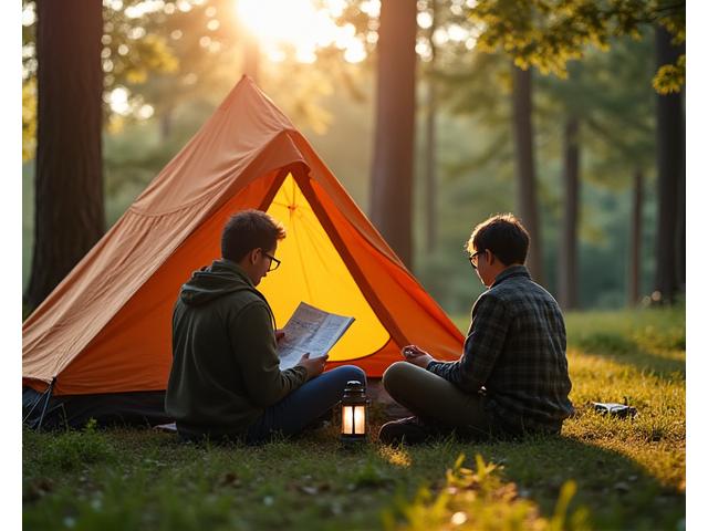 A person reading a camping guide or map while sitting by a tent, surrounded by organized camping gear, indicating preparedness.