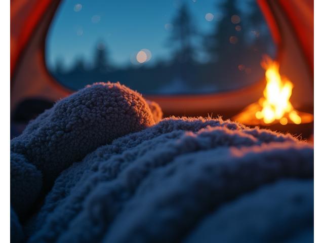 Happy camper nestled in a warm sleeping bag by a campfire under a starry night sky