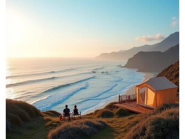 Stylish glamping setup overlooking the Pacific Ocean in California