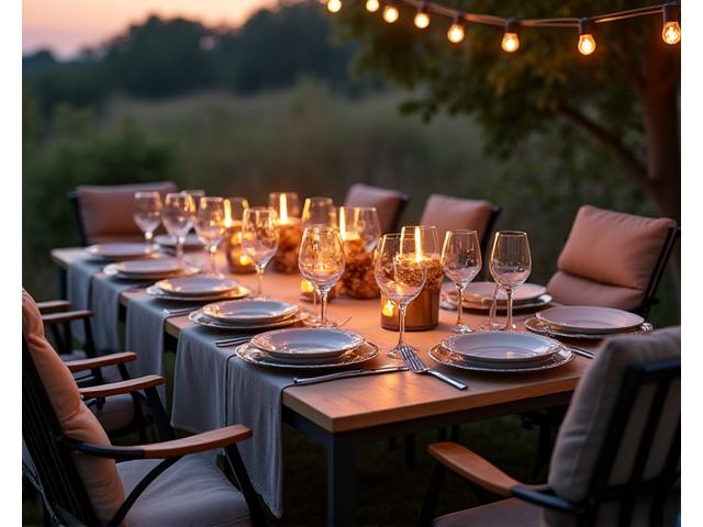 Outdoor glamping dining setup with elegantly set table and cozy seating