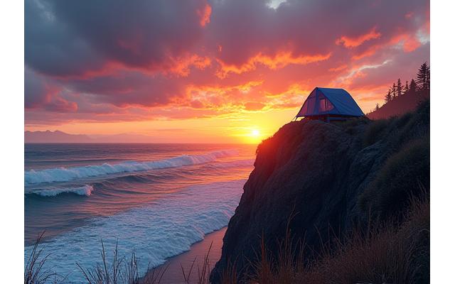 A tent overlooking the Pacific Ocean from a coastal bluff at sunset.