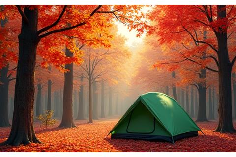 A colorful autumn forest with tents nestled among the trees, showcasing fall camping experience.