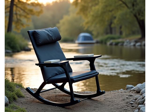 Comfortable rocking camp chair with a side table, placed next to a tent.